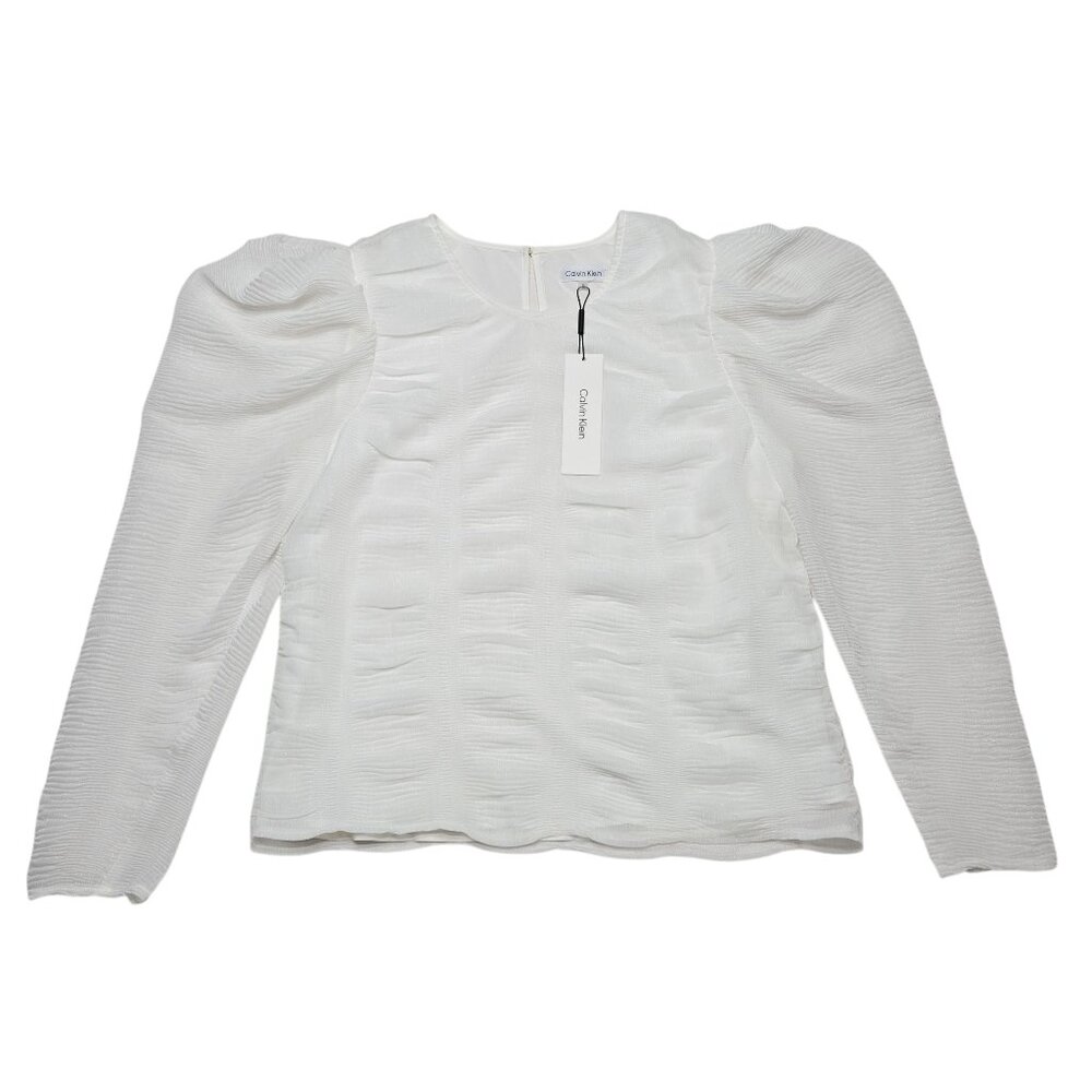 Calvin Klein Top Womens Medium White Puff Sleeve Sheer Lined Peasant‎ Blouse